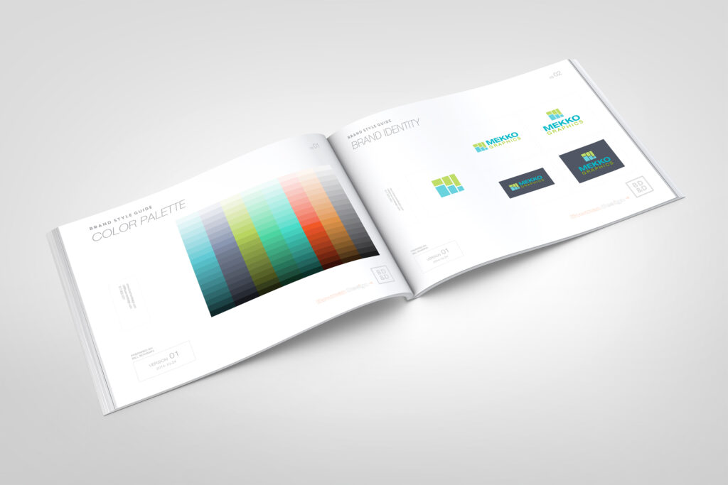 Open style guide spread pairing the color palette page with brand identity lockups across white and charcoal fields.