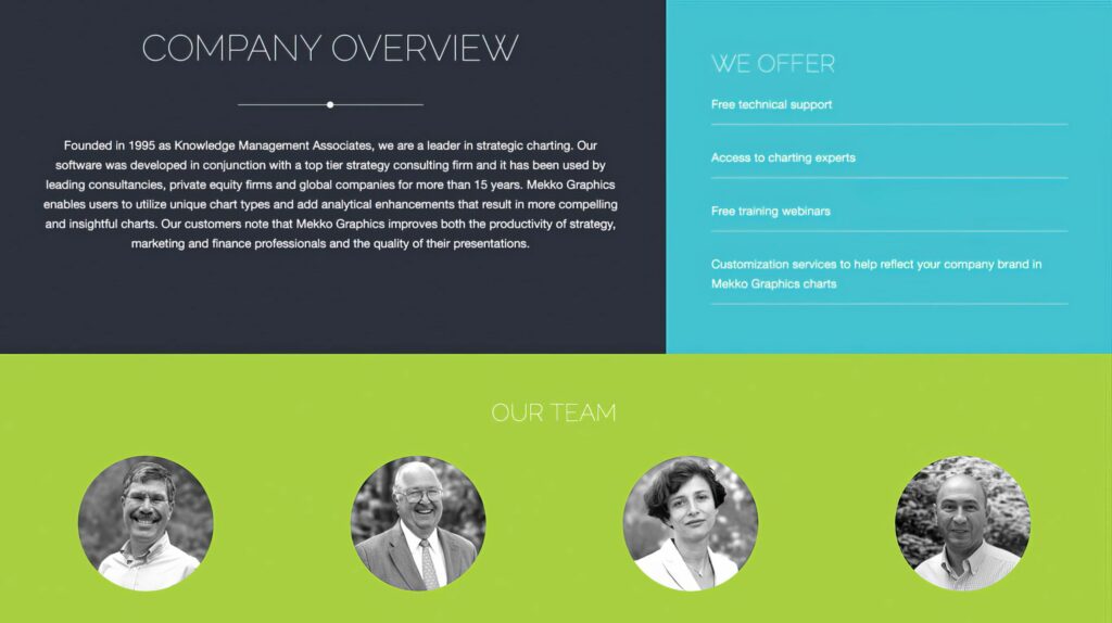 Company Overview section in charcoal, teal, and green blocks, the founding story beside support offers above team portraits.