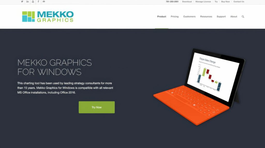 Mekko Graphics for Windows product page, the charting tool pitched beside a Surface tablet in brand orange.