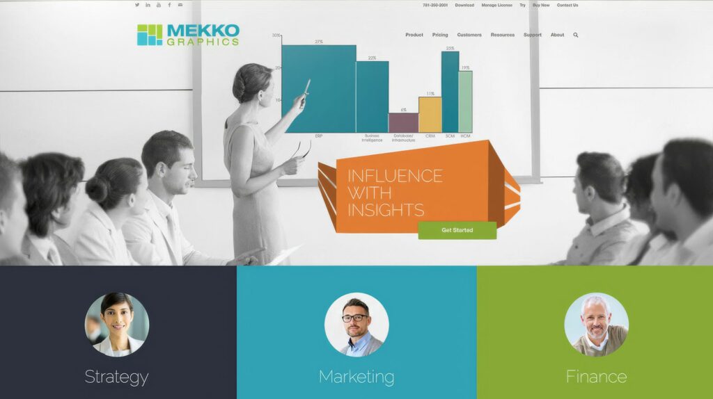 Homepage hero, a presenter at a whiteboard bar chart under the Influence with Insights banner above Strategy, Marketing, and Finance segment tiles.