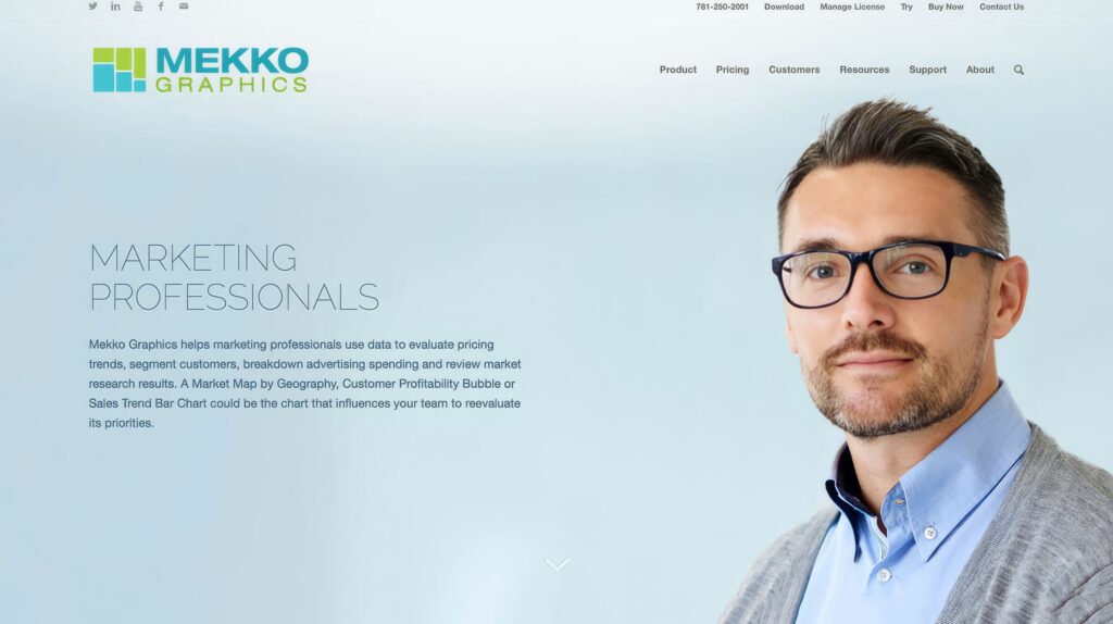 Marketing Professionals segment page, pricing and ad-spend chart guidance beside a bespectacled portrait in the pale hero.