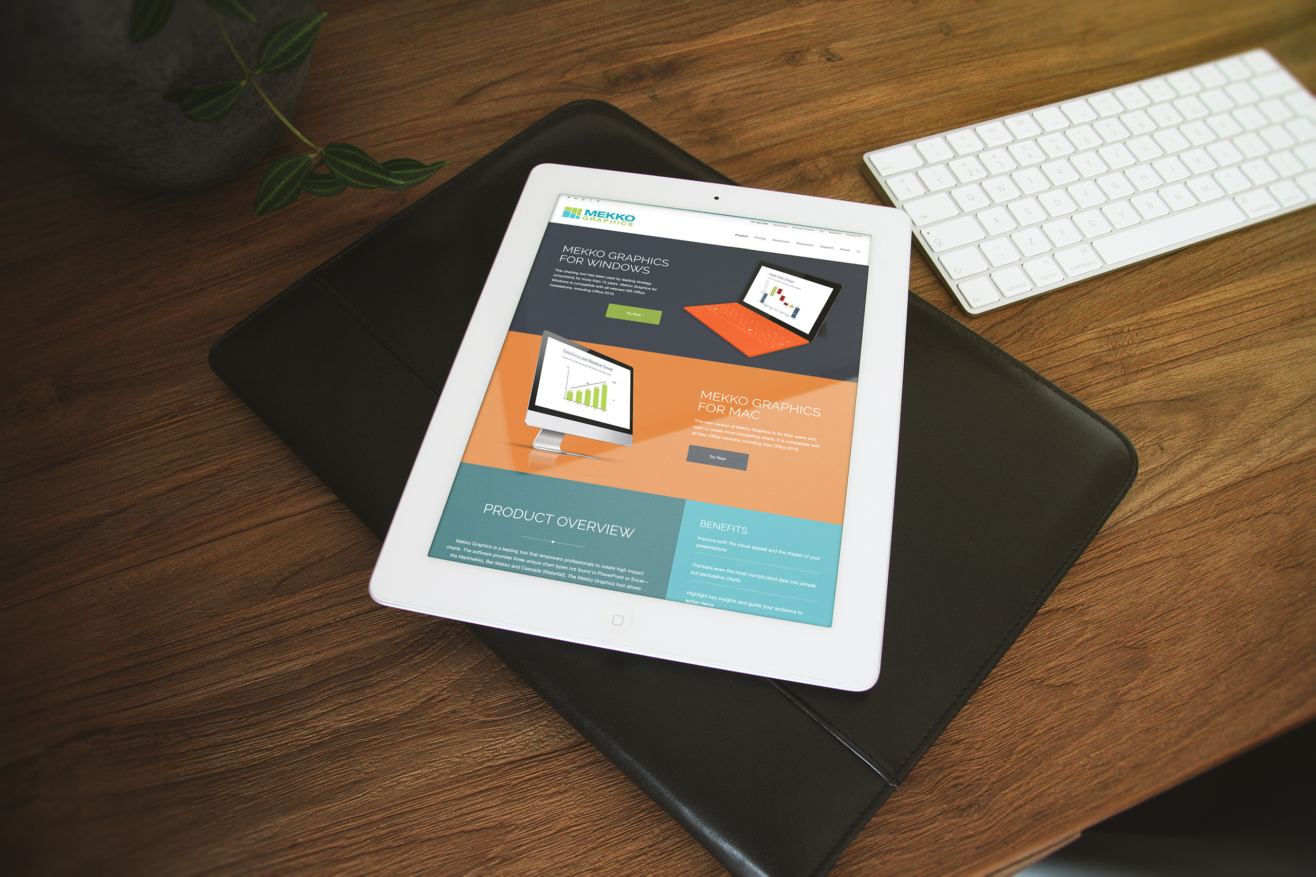 Tablet on a leather folio showing the Windows and Mac download page with product overview and benefits panels below.