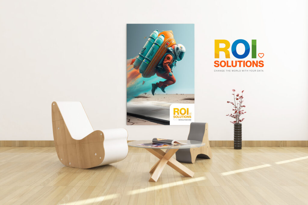 Virtual meeting backdrop with the logotype beside a poster of a figure wearing a rocket pack, sculpted chairs beneath.