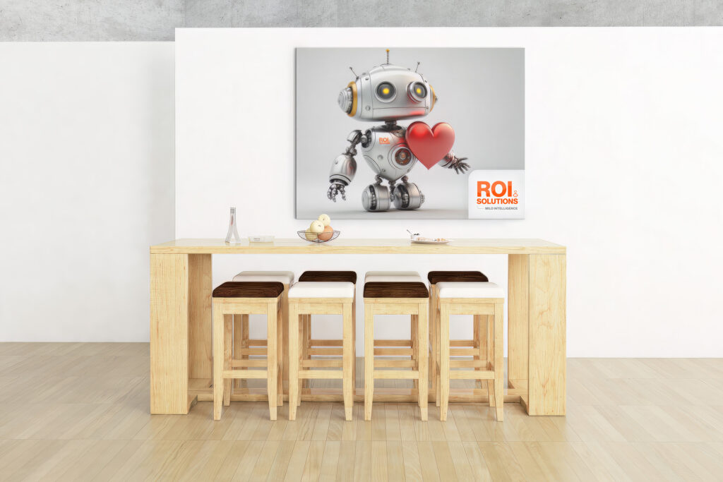 Virtual meeting backdrop of a blond-wood table beneath a canvas of a silver robot offering a red heart.