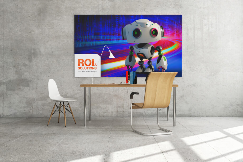 Virtual meeting backdrop of a concrete-walled workspace, a robot artwork above the desk with the logo card beside it.