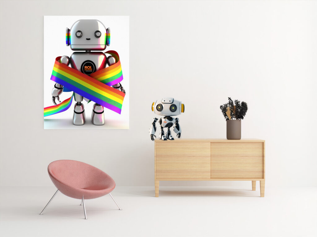Virtual meeting backdrop with a poster of a robot wrapped in a rainbow scarf, a small robot figure on the credenza.