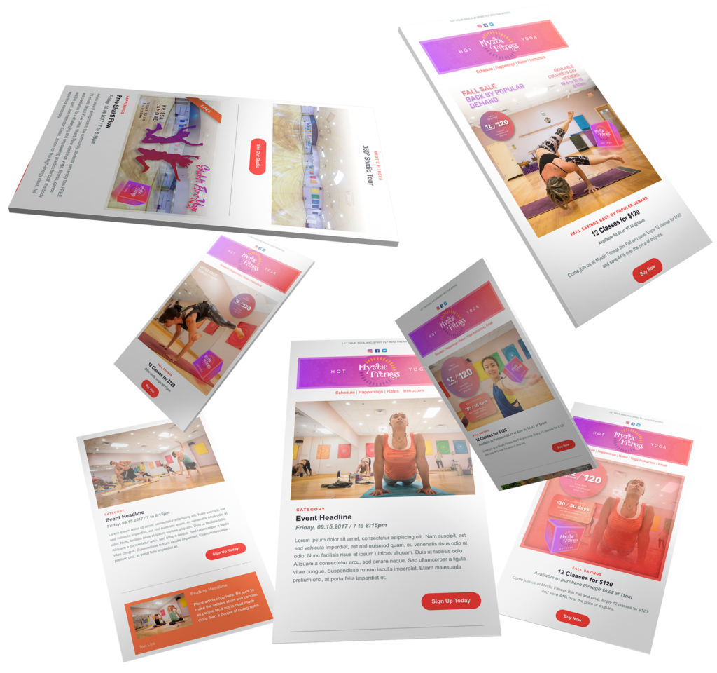 Mystic Fitness email marketing layouts arranged as audience personas, each pairing lifestyle photography with orange, magenta, and purple color blocks.