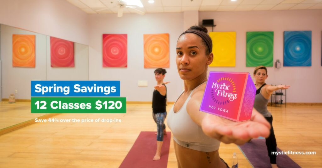 Color Facebook ad for Mystic Fitness showing a female student mid-movement in the bright studio, styled in the orange-to-purple brand palette for the Spring Savings promotion.