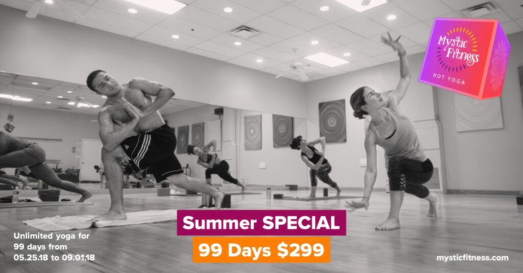 Black-and-white Mystic Fitness Facebook ad of a group of students in a standing movement, headlined Summer Special, 99 days for $299.