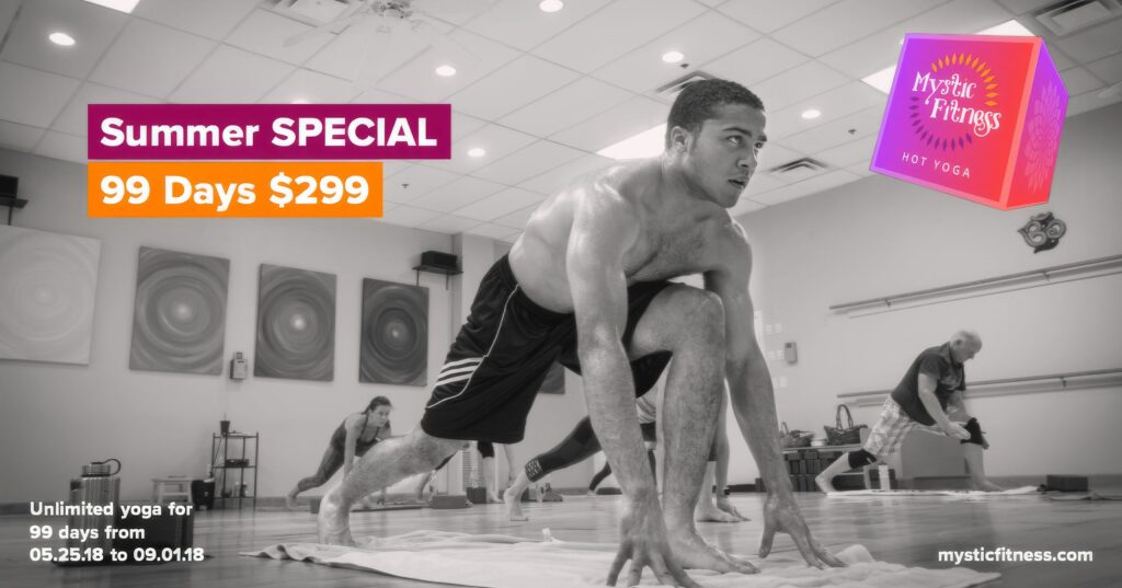 Black-and-white Facebook ad of a student crouched in a low lunge on his mat, hands to the floor, beside the magenta-orange Mystic Fitness cube and the Summer Special, 99 days for $299 headline.