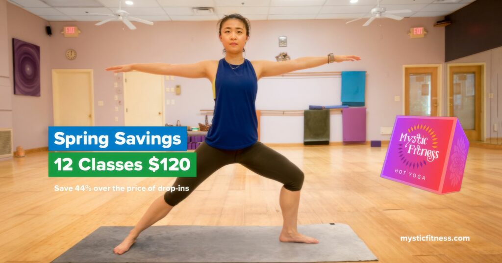 Color Facebook ad of a single student in a wide warrior stance on the wood floor, in the warm brand palette for the Spring Savings promotion.