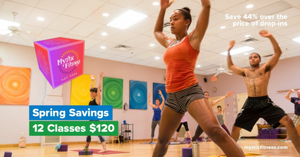 Color Facebook ad of students with arms raised overhead, accented in the orange, green, and magenta brand colors for the Spring Savings promotion.