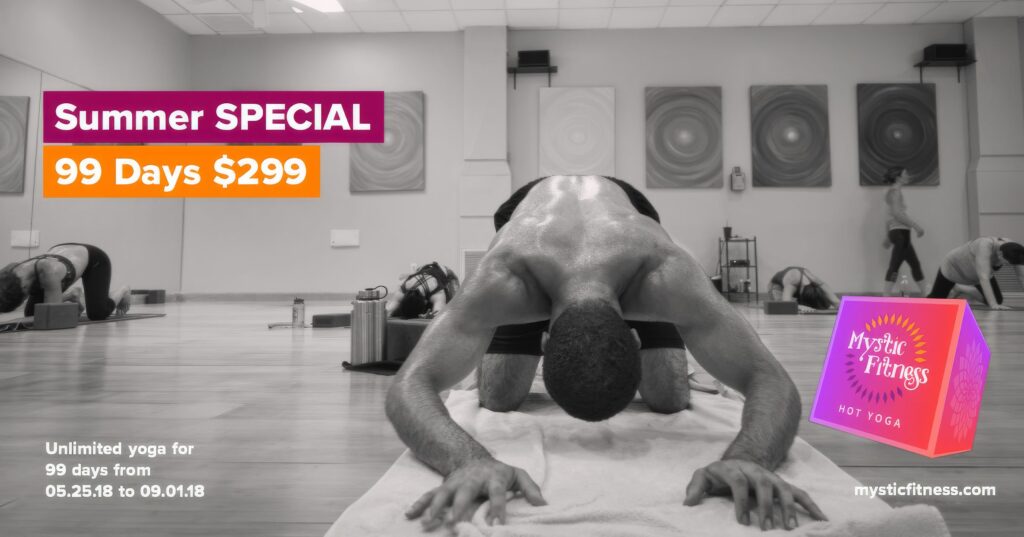 Black-and-white Facebook ad of a student in a wide-legged forward fold, head to the floor, with the Mystic Fitness cube and the Summer Special, 99 days for $299 headline.