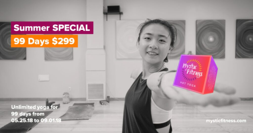 Black-and-white Mystic Fitness Facebook ad of a smiling student in a bright studio, headlined Summer Special, 99 days for $299.