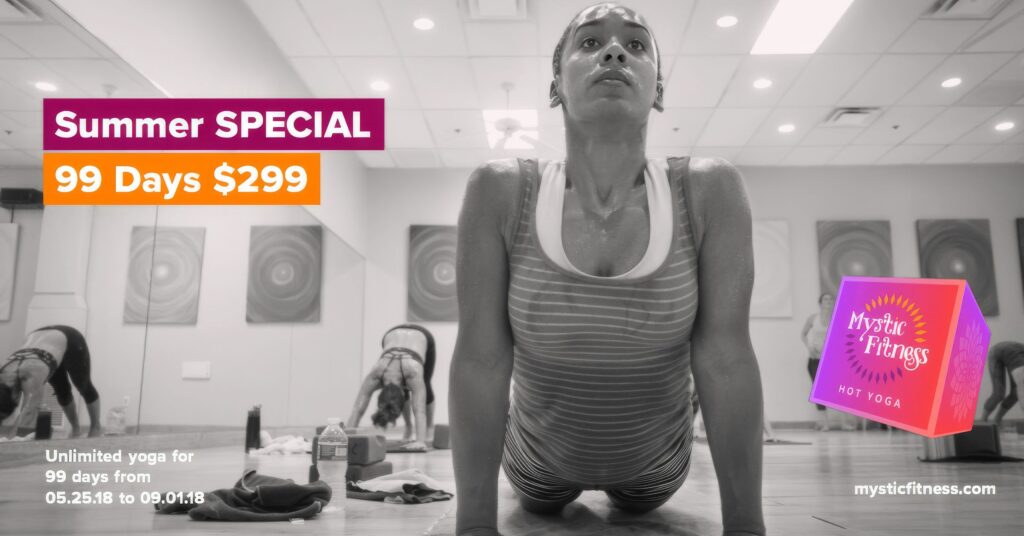Black-and-white Facebook ad of a student in upward-facing dog looking up past the Summer Special, 99 days for $299 headline and the Mystic Fitness cube.