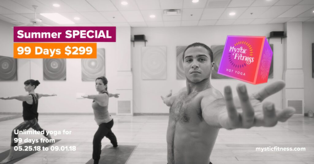Black-and-white Facebook ad of a student in warrior pose reaching an open hand toward the camera, classmates behind, headlined Summer Special, 99 days for $299.