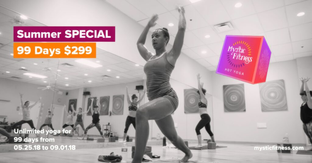 Black-and-white Mystic Fitness Facebook ad of a class with arms raised overhead, headlined Summer Special, 99 days for $299.