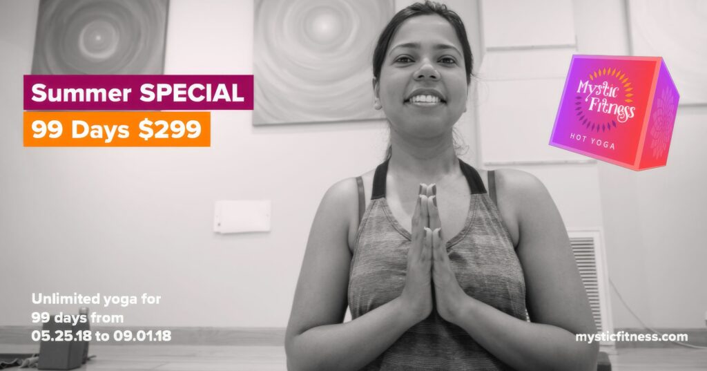 Black-and-white Facebook ad, a smiling student standing with palms together at the chest, the Mystic Fitness cube at her shoulder and the Summer Special, 99 days for $299 headline.