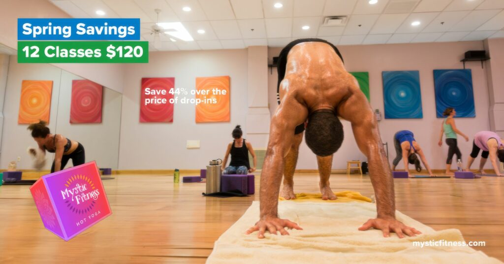 Color Facebook ad of a student in a wide-legged forward fold on a towel, headlined Spring Savings, 12 classes for $120, the Mystic Fitness cube at left.