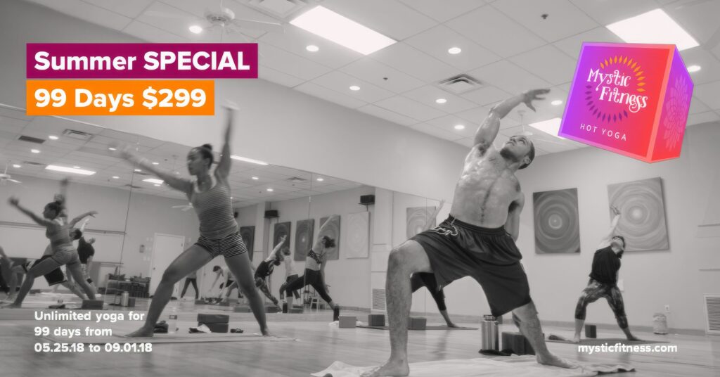 Black-and-white Mystic Fitness Facebook ad of students in a wide low lunge across the studio floor, headlined Summer Special, 99 days for $299.