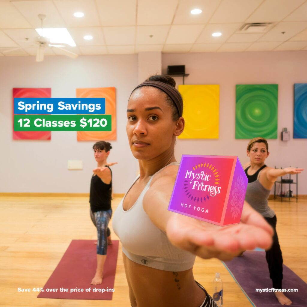 Color Instagram ad of a student in warrior pose holding out the Mystic Fitness cube toward the camera, headlined Spring Savings, 12 classes for $120.