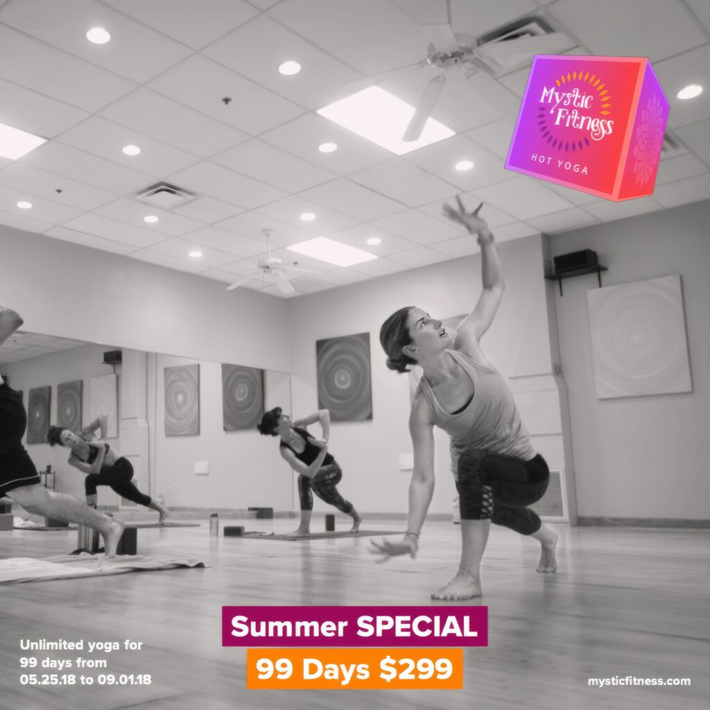 Black-and-white Instagram ad of a student in a revolved crescent lunge with classmates behind, the Mystic Fitness cube above and the Summer Special, 99 days for $299 headline.