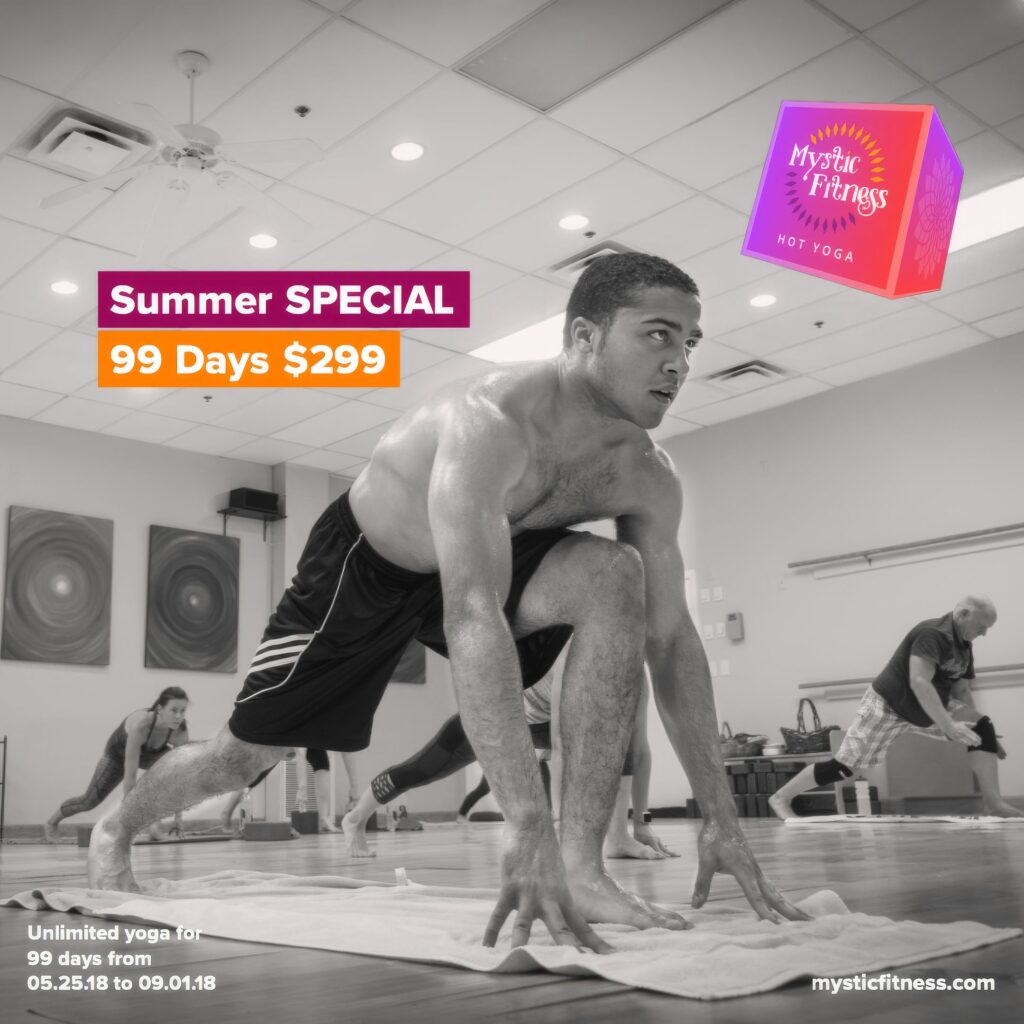 Black-and-white Instagram ad of a student in a low lunge facing the camera with students behind, headlined Summer Special, 99 days for $299.