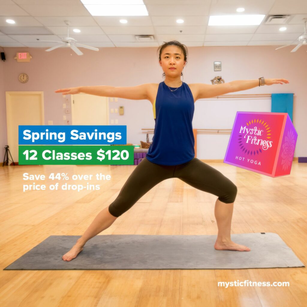 Color Instagram ad of a student in a wide warrior pose with arms extended, in the orange brand palette, for the Spring Savings promotion.