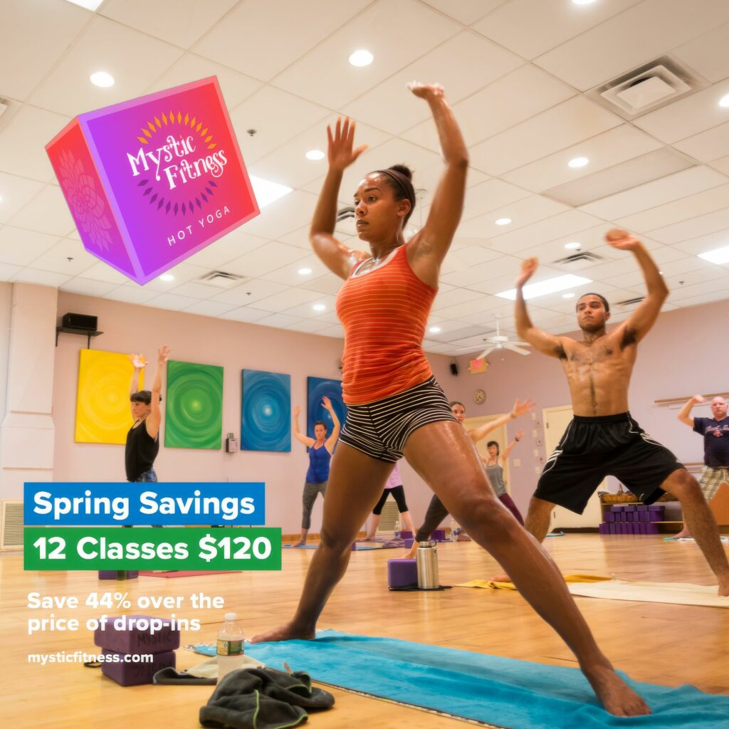 Color Instagram ad of a student with arms raised and a second lunging, framed by pink and green brand blocks, for the Spring Savings promotion.