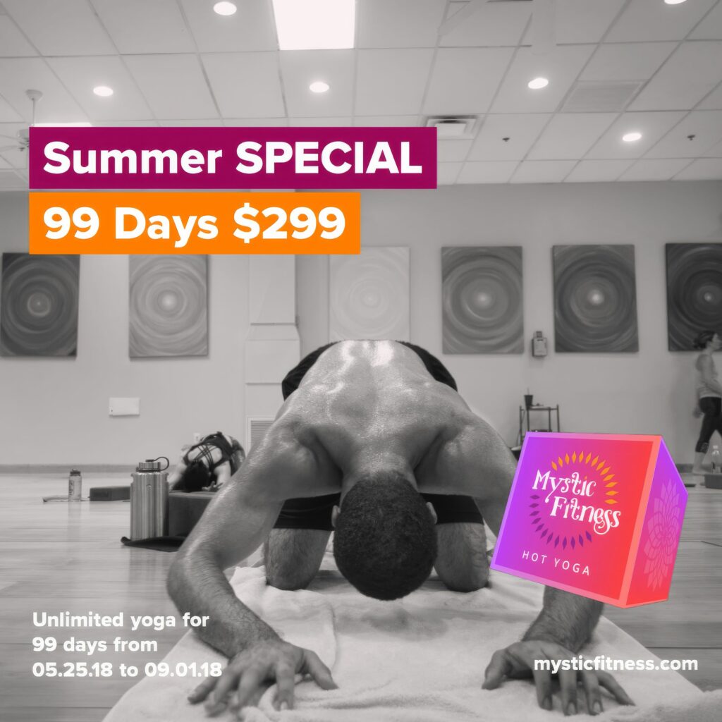 Black-and-white Instagram ad of a student in a wide-legged forward fold, head to the floor, beside the Mystic Fitness cube and the Summer Special, 99 days for $299 headline.