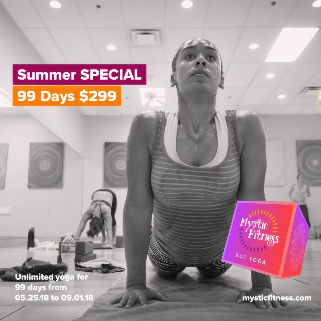 Black-and-white Instagram ad of a student in upward-facing dog, headlined Summer Special, 99 days for $299.