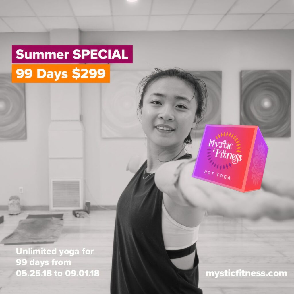 Black-and-white Instagram ad of a female student with an arm extended in a graceful pose, headlined Summer Special, 99 days for $299.