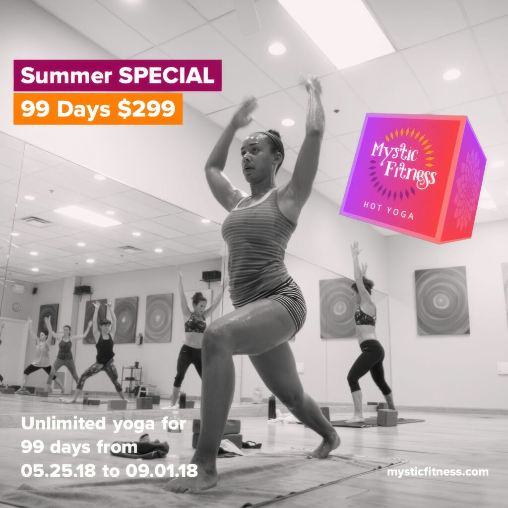 Black-and-white Instagram ad of a student in a high lunge with arms raised, classmates behind, headlined Summer Special, 99 days for $299.