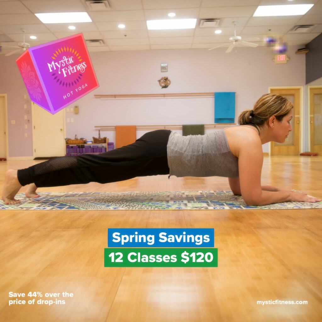 Color Instagram ad of a student in a full plank, headlined Spring Savings, 12 classes for $120, with a pink price badge.