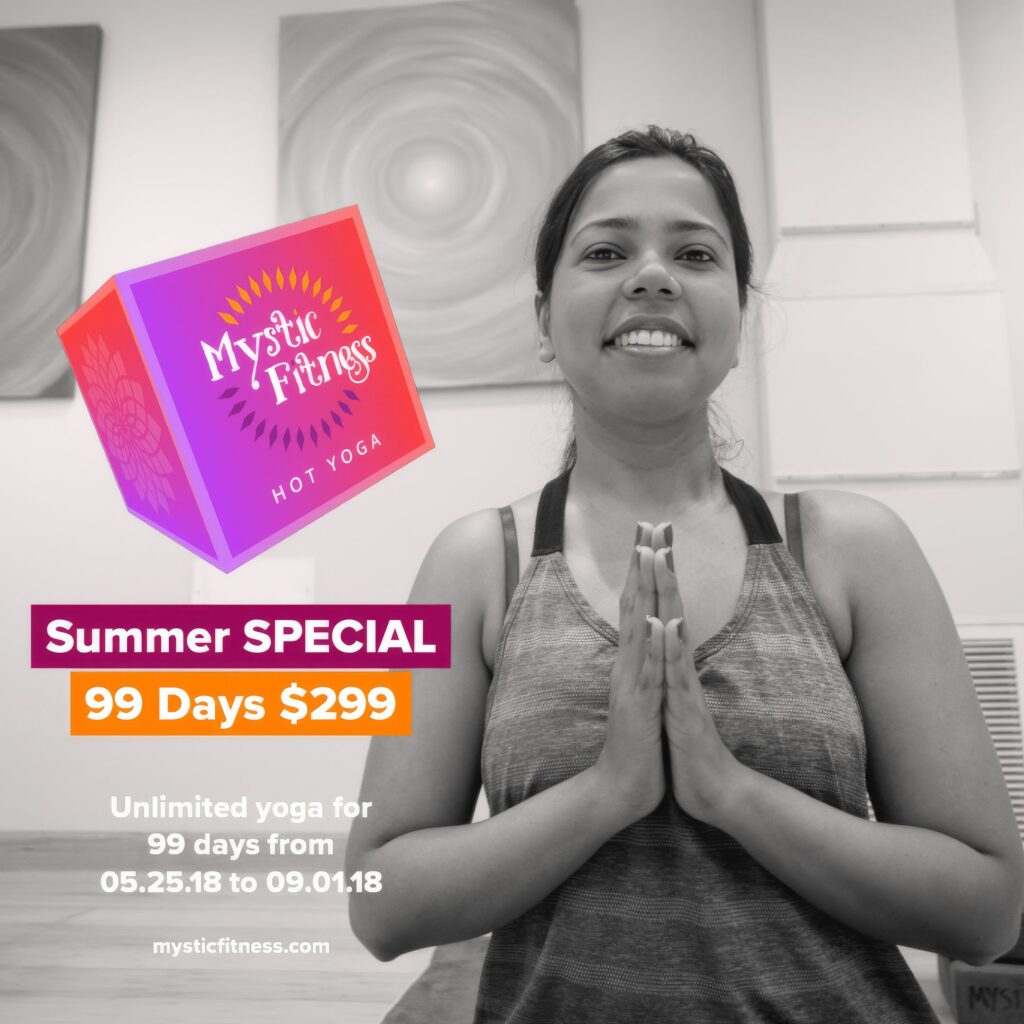 Black-and-white Instagram ad, close-up of a smiling student with hands in prayer at the chest, headlined Summer Special, 99 days for $299.