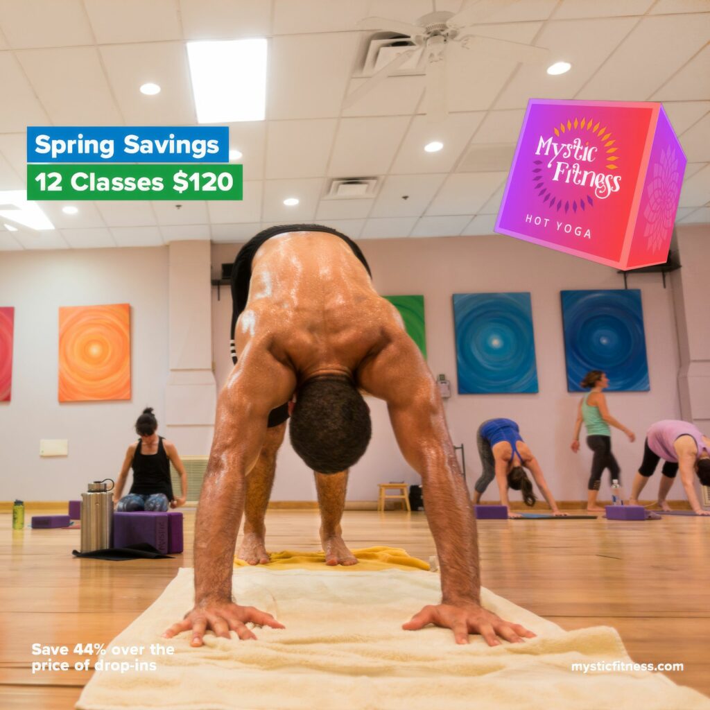 Color Instagram ad of a student in a wide-legged forward fold, head to the floor, headlined Spring Savings, 12 classes for $120.