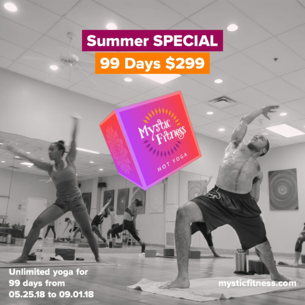 Black-and-white Instagram ad of two students in extended warrior lunges, headlined Summer Special, 99 days for $299.