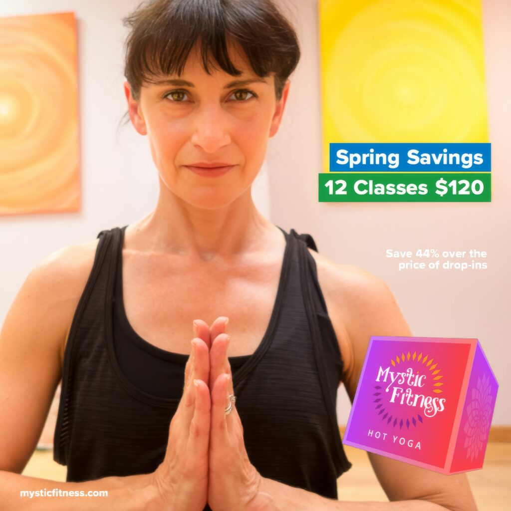 Color Instagram ad, close-up of a student in a black tank with hands in prayer at the chest, headlined Spring Savings, 12 classes for $120.