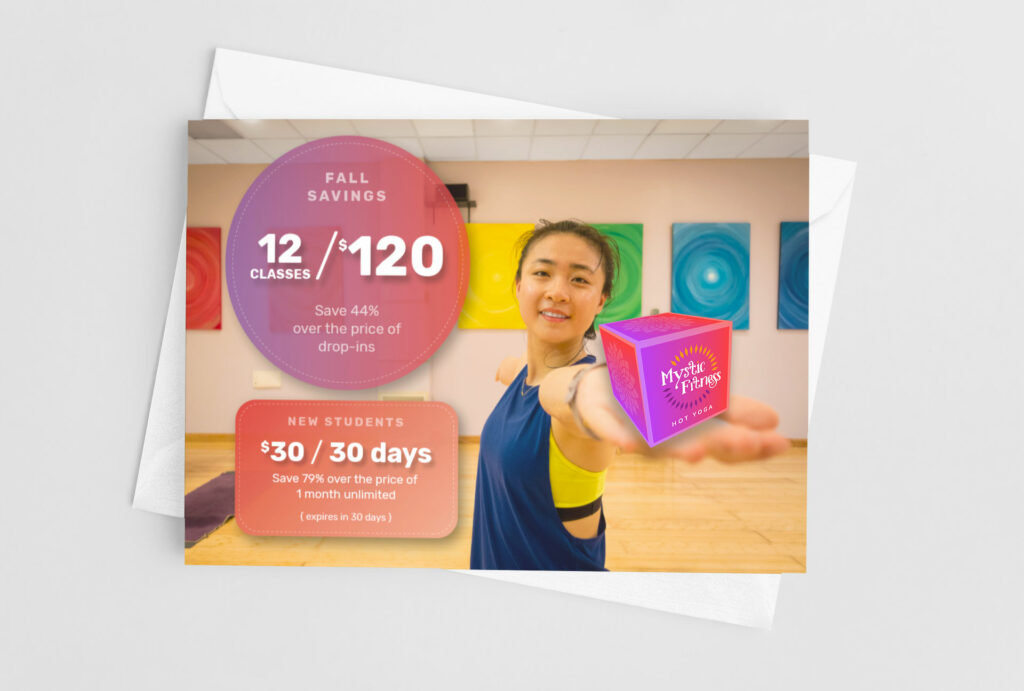Fall Savings postcard front, 12 classes for $120 and a $30 for 30 days new-student offer in magenta and coral roundels beside a smiling student holding the Mystic Fitness cube.