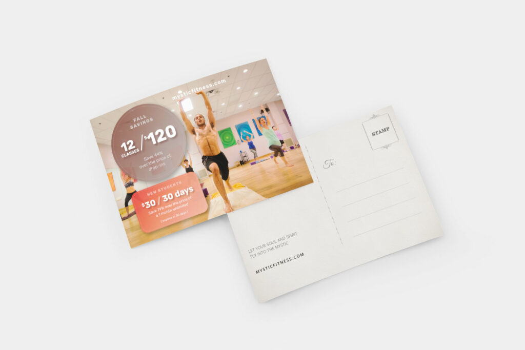 Fall Savings postcard front beside its address side on a light gray surface, a student in warrior pose under the 12 classes for $120 offer.