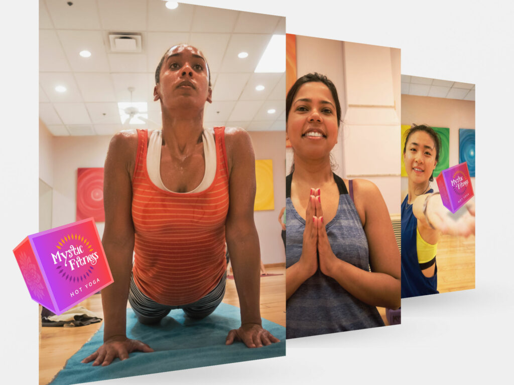 Three Mystic Fitness poster panels stand on white, a student in upward dog, a smiling student with palms together, and a student holding out the brand cube, with a magenta-orange cube floating in front.