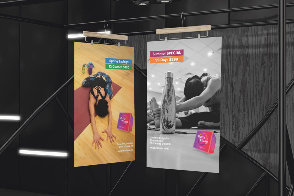 Spring Savings and Summer Special posters hang from wooden clips against a dark paneled wall, forward-fold and water-bottle imagery under the offers.