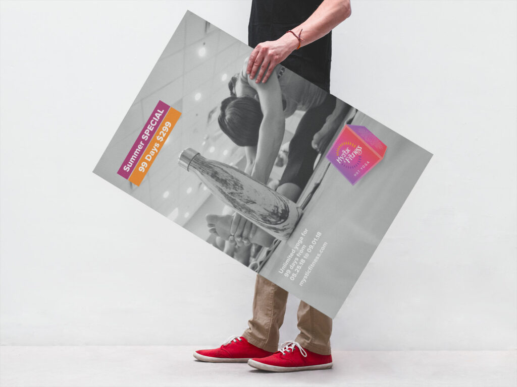 A person in red sneakers holds the black-and-white Summer Special 99 Days $299 poster at an angle, a water bottle and stretching student printed on it.