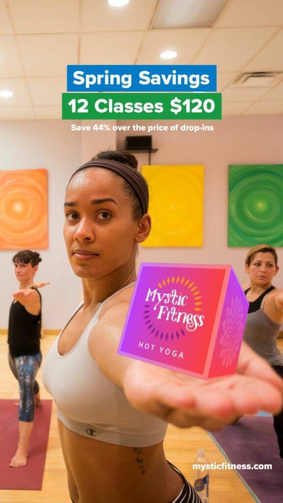 Vertical color Story ad of a student lifting the Mystic Fitness logo mid-movement, in the warm orange-purple brand palette, for the Spring Savings promotion.