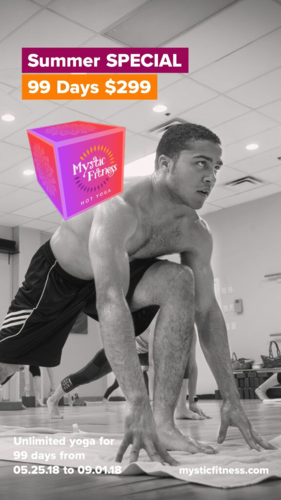 Vertical black-and-white Story ad of a student crouched in a low lunge, hands to the floor, under the Summer Special, 99 days for $299 headline and the Mystic Fitness cube.