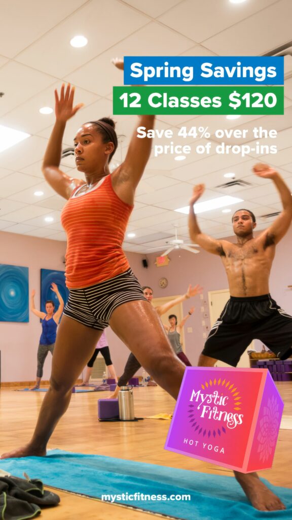 Vertical color Story ad of a student with arms raised and a second figure, in teal, green, and magenta brand accents, for the Spring Savings promotion.