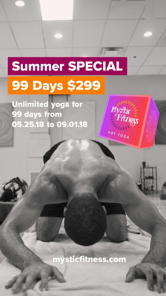 Vertical black-and-white Story ad of a student in a low forward bend viewed from the front, headlined Summer Special, 99 days for $299.