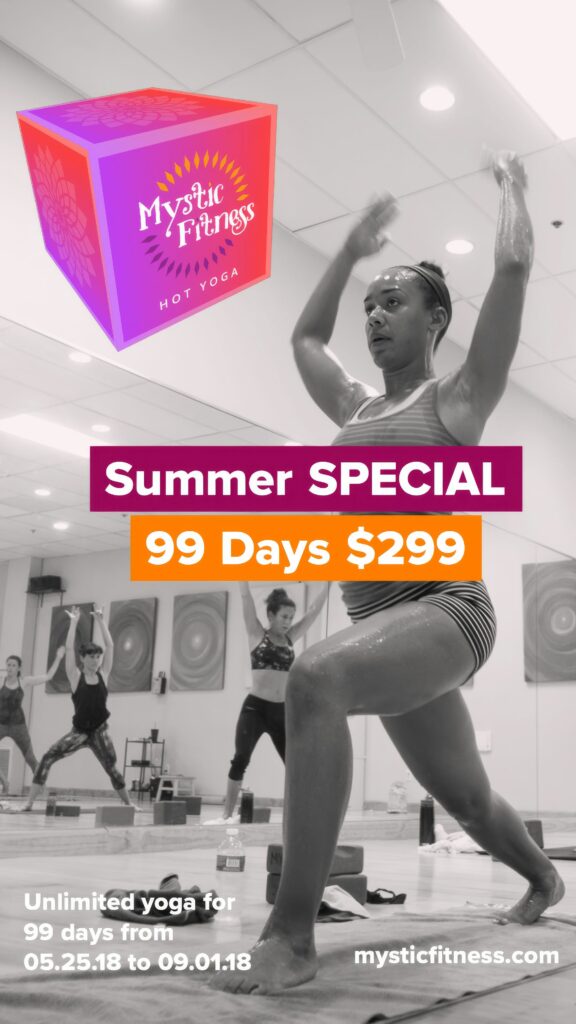 Vertical black-and-white Story ad of a student standing with arms raised overhead, headlined Summer Special, 99 days for $299.