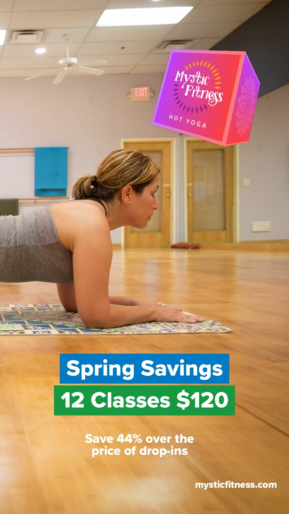 Vertical color Story ad of a student in plank against a wood wall, in warm brand tones, for the Spring Savings promotion.
