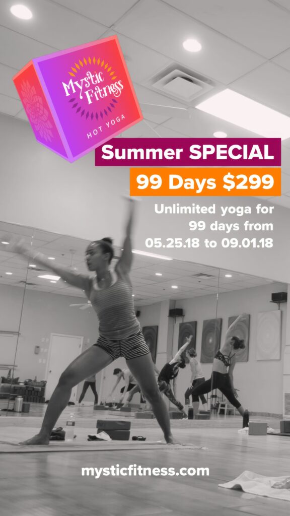 Vertical black-and-white Story ad of a student in warrior pose across the studio, the Mystic Fitness cube and Summer Special, 99 days for $299 headline above.